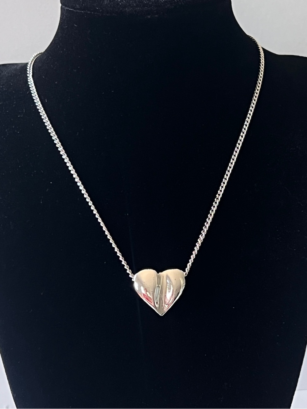 Vintage Avon Puffy Heart Dainty Pendant Necklace Silver Tone Slide Around Style